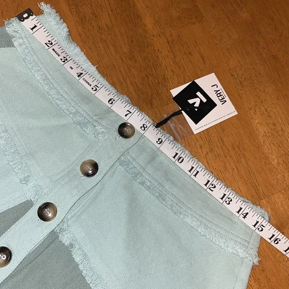 Very J Colorblock Sage Frayed Denim Button Mini Skirt Casual Womens Large - Picture 14 of 15